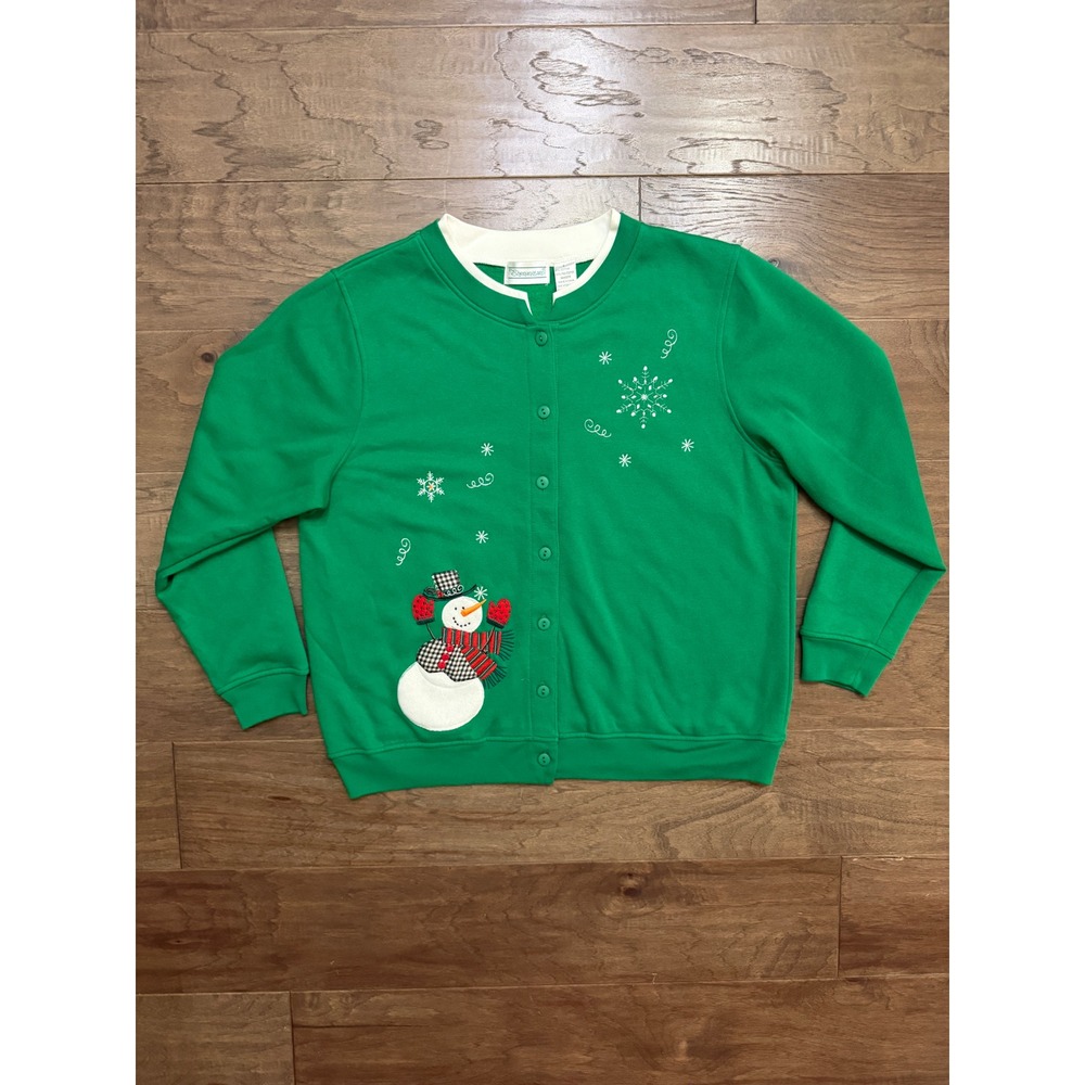 Vintage Shenanigans Cardigan Women L Green Cotton Snowman Festive Sweatshirt Top